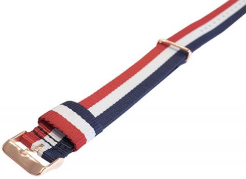 Cambridge - modrý, bílá, červená + růžově zlacené přezky Nato strap / š. 20 mm