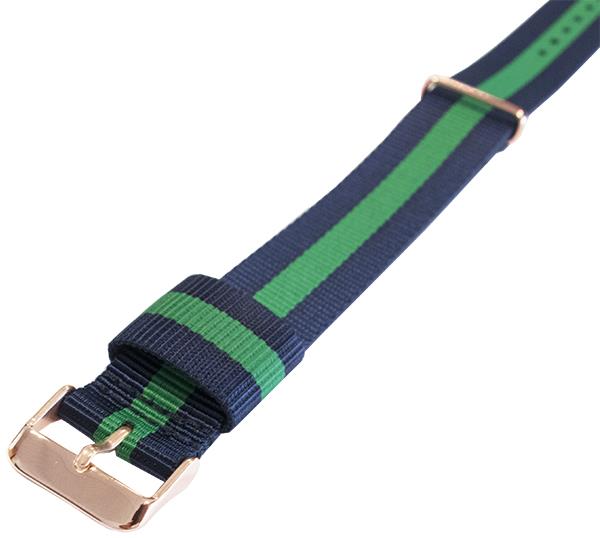Warwick - modrá,zelená + růžově zlacené přezky Nato strap / š. 18 mm